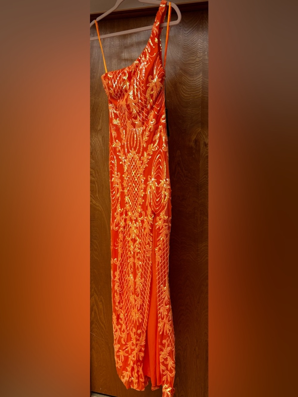 City Triangles Orange Sequin One-Shoulder Prom Dress